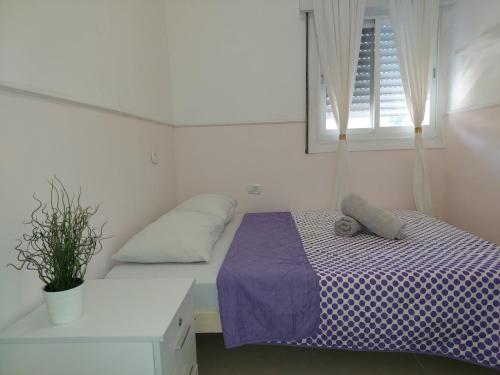 海法magical apartment close to the Baha'i Gardens的一间卧室配有一张带紫色床单的床和窗户。