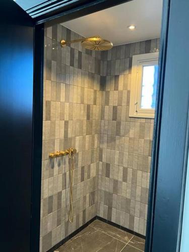 夏洛滕隆Designer apartment的带淋浴的浴室和玻璃门