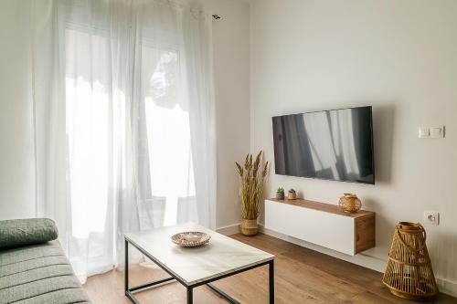 卡诺尼Corfu Bleview Suite的客厅配有沙发和墙上的电视