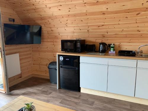 KeltyPond View Pod 3 With Private Hot Tub - Pet Friendly -Fife - Loch Leven - Lomond Hills的带微波炉的厨房和电视