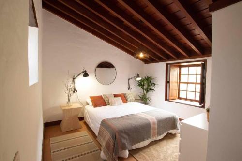 拉拉古纳Casa rural cerca de la costa de La Laguna 2的一间卧室配有一张床、镜子和窗户