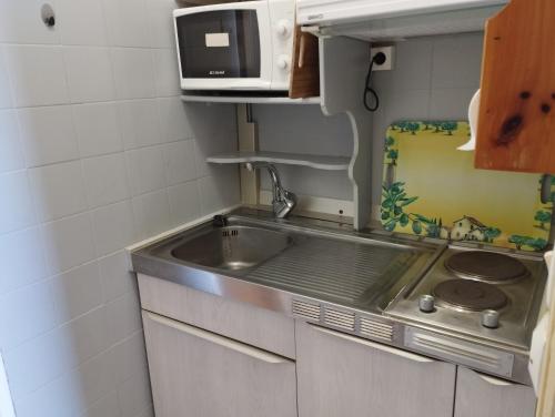 耶尔Le Surplage的一间带水槽和微波炉的小厨房