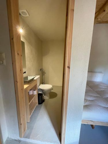 Petres old village house的浴室设有床、卫生间和水槽。