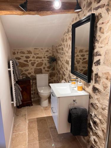 Piégut-PluviersLa Pêche的一间带卫生间、水槽和镜子的浴室