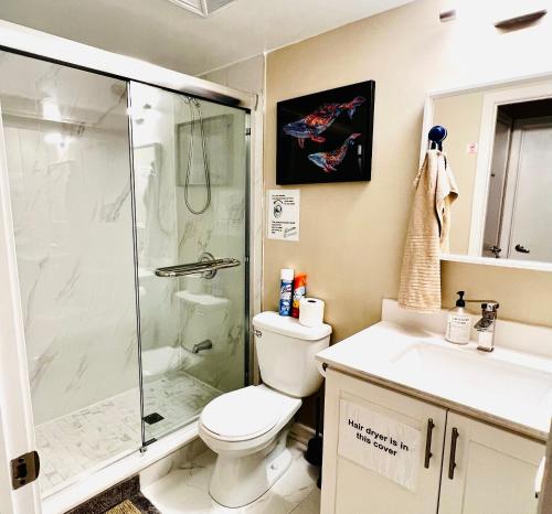 多伦多Home in Downtown的带淋浴、卫生间和盥洗盆的浴室