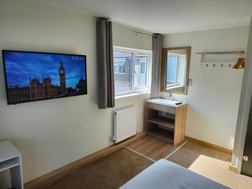 伦敦Homefield Lodge的卧室设有壁挂式电视和窗户。