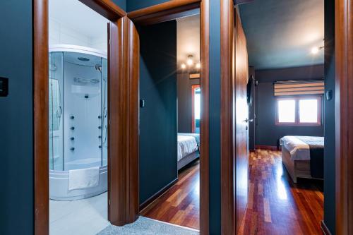 扎布利亚克Forma Mountain Lux Apartments的客房设有带淋浴的浴室和卧室。