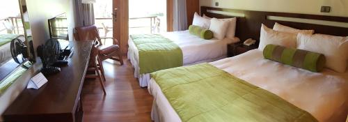 洛斯安赫莱斯Hotel y Cabañas Las Mellizas - Caja Los Andes的酒店客房设有两张床和窗户。