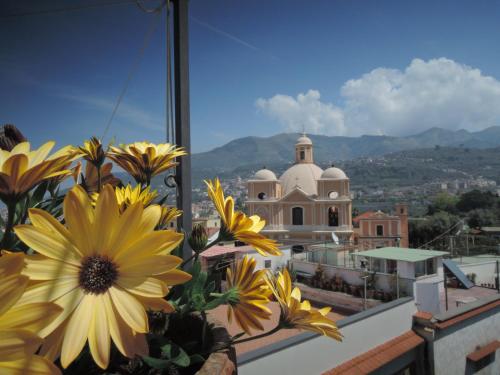 维克艾库塞庭院之家住宿加早餐旅馆的从带鲜花的阳台可欣赏到教堂的景色