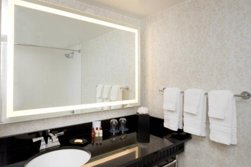 迈阿密喜来登迈阿密机场酒店及行政会议中心的浴室配有盥洗盆、镜子和毛巾