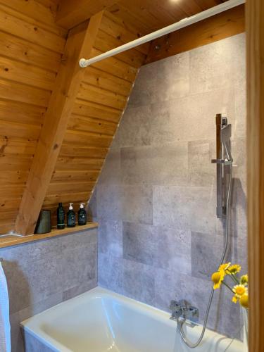 Rechenberg-BienenmühleKleines Chalet im Erzgebirge mit Sauna und Kamin的带浴缸的浴室和木制天花板