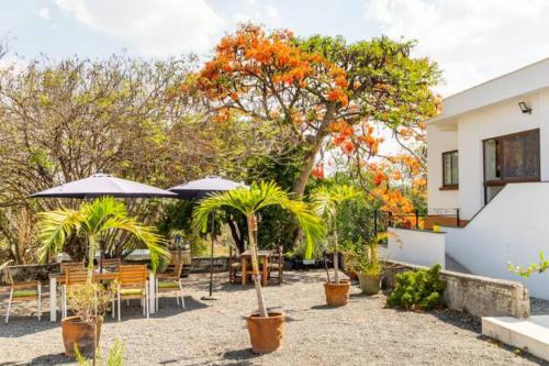 JantetelcoQuinta Amatzinac, Encanto rural, privacidad y cocina francesa的庭院配有桌椅和遮阳伞。