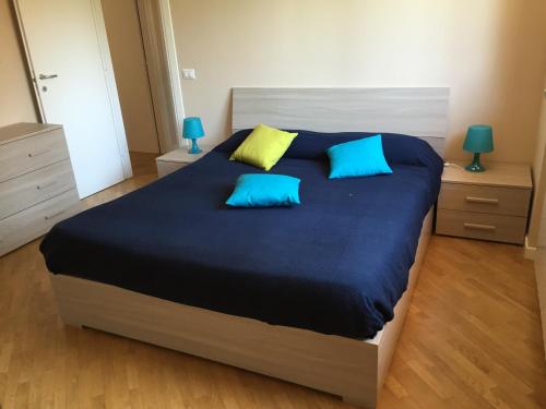 内皮Luxury Villa Park的一间卧室配有一张带蓝色和黄色枕头的大床