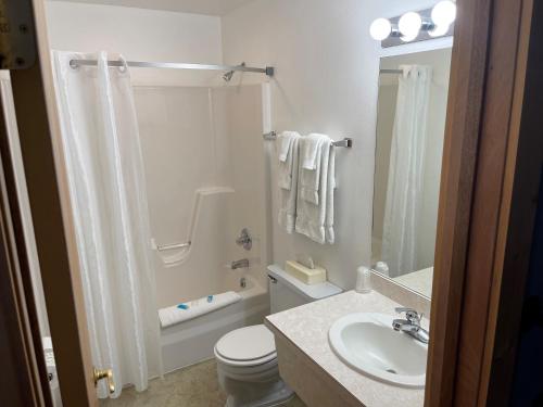 科迪Moose Creek Lodge & Suites的带淋浴、卫生间和盥洗盆的浴室