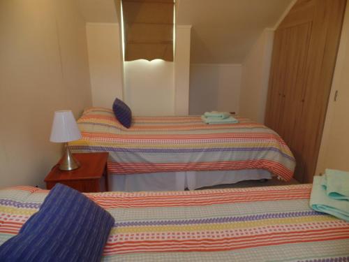 巴拉斯港Decher Apartment - Puerto Varas的一间卧室配有两张床、一盏灯和镜子