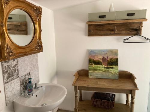 LonghopeOutstandingly situated cosy Shepherds Hut的一间带水槽和镜子的浴室
