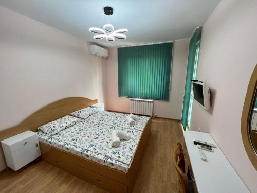 大特尔诺沃Апартамент за гости ТРАПЕЗИЦА МАК的一间小卧室,配有一张床和一个绿色的窗户