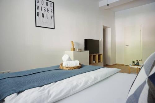 帕德博恩Südstadt-Apartment im Herzen von Paderborn的一间卧室配有一张带蓝色毯子的床和一台电视。