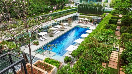 班加罗尔Four Seasons Hotel Bengaluru at Embassy ONE的享有带躺椅和树木的游泳池的顶部景致