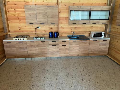 古达乌塔Olympia的厨房配有木制橱柜和台面