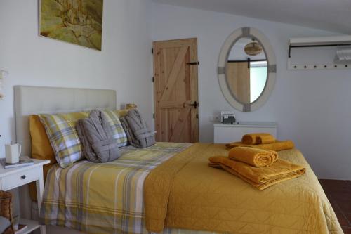 卡尼利亚斯-德阿尔拜达Finca Flor的一间卧室配有一张带黄色床单和镜子的床