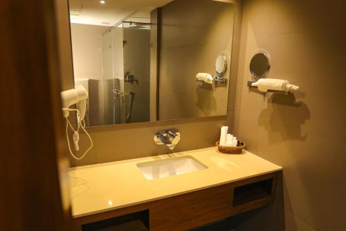 戈德亚姆HOTEL CEASAR PALACE的一间带水槽和大镜子的浴室