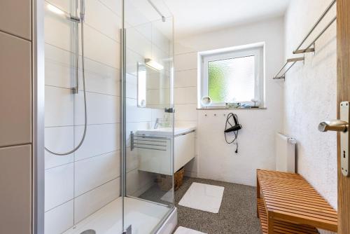 阿尔布斯塔特Ferienwohnung Lammerberg的带淋浴和盥洗盆的浴室