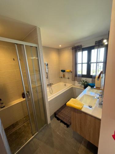 勒唐蓬La maison des camélias的带浴缸、淋浴和盥洗盆的浴室