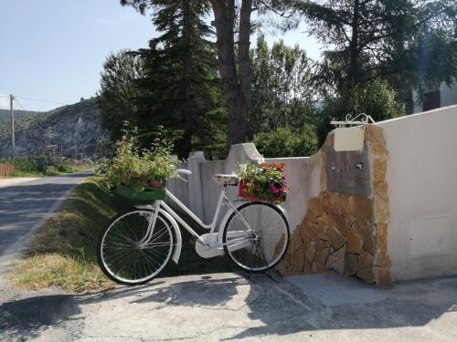 圣朱利亚诺-泰尔梅奥西住宿加早餐旅馆的停在围栏旁的一辆自行车,上面有花盆