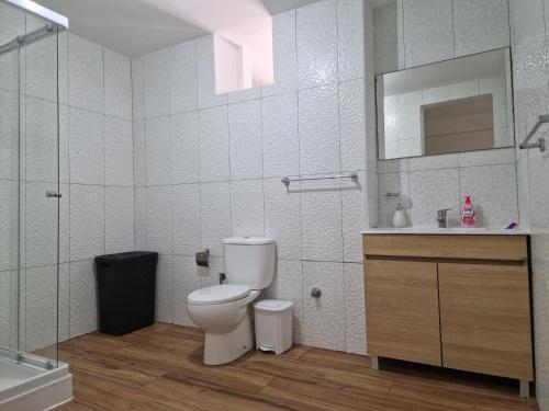 塔拉法尔Kaps Home - Tarrafal的一间带卫生间、水槽和镜子的浴室