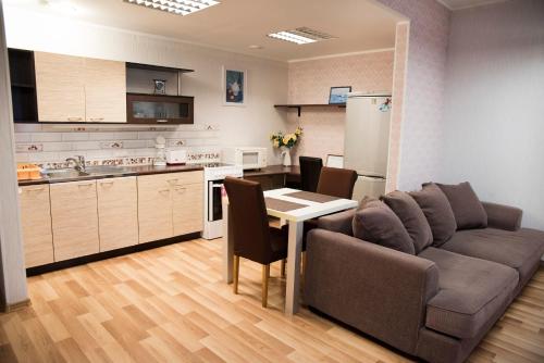 派尔努Papiniidu Studio Apartments的带沙发和桌子的客厅以及厨房。