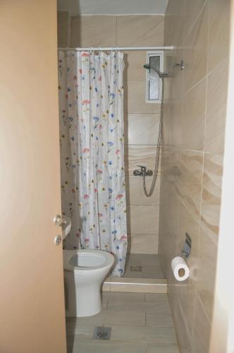 Limín LitochórouPrado Hotel Apartments的一间带卫生间和淋浴帘的浴室