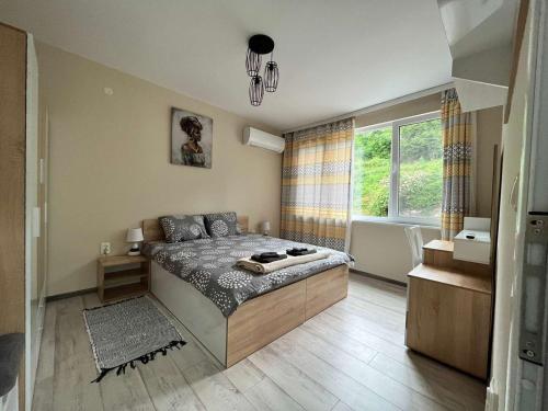 大特尔诺沃Apartment Enina的一间卧室设有一张床和一个大窗户