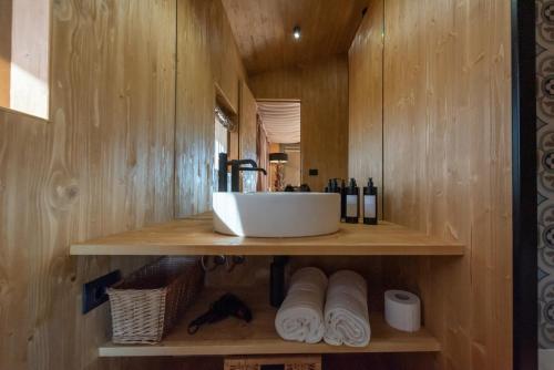 切萨雷奥港Le Grancìe的一间带水槽和架子毛巾的浴室