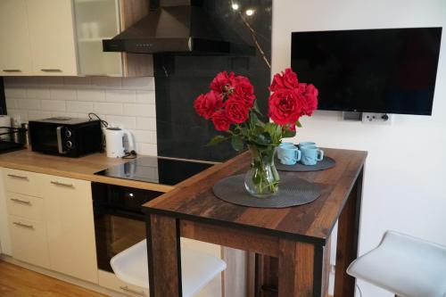 厄尔科Apartament w centrum OSTOYA 1的厨房里桌子上的红花瓶