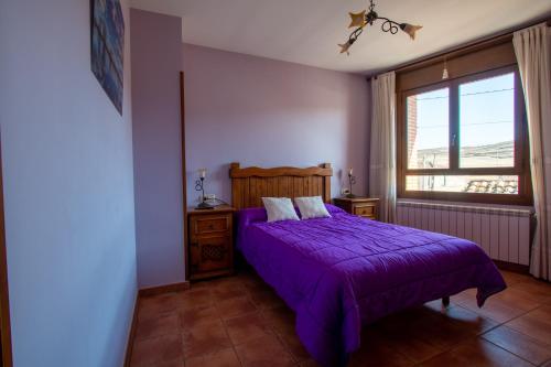 Dehesa提龙体拉那酒店的一间卧室设有紫色的床和窗户