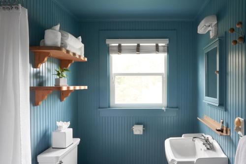 吉尔哈特The Drifthaven at Gearhart的蓝色的浴室设有卫生间和水槽