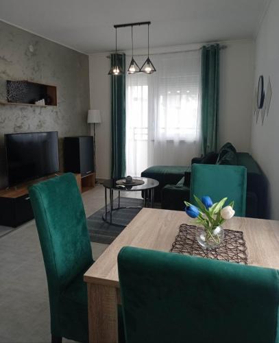 斯雷姆斯卡米特罗维察Apartman Green!!的客厅配有桌子和绿色椅子