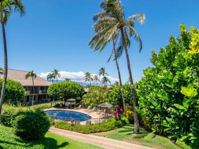 拉海纳Kaanapali Maui at the Eldorado by OUTRIGGER的一个带游泳池和棕榈树的度假村