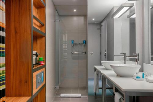 布鲁塞尔布鲁塞尔舒曼雅乐轩酒店的一间带两个盥洗盆和淋浴的浴室
