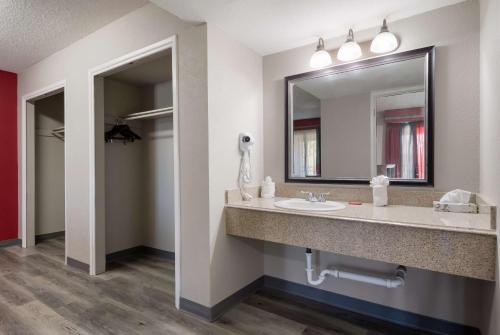 圣安东尼奥SureStay Plus Hotel by Best Western San Antonio North的一间带水槽和镜子的浴室
