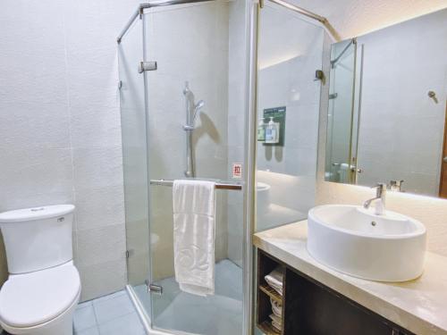太麻里曙光渡假酒店的浴室配有卫生间、盥洗盆和淋浴。