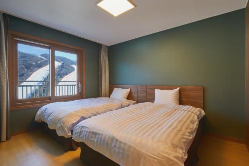 洪川郡Vivaldi Park的一间卧室设有两张靠窗的床。