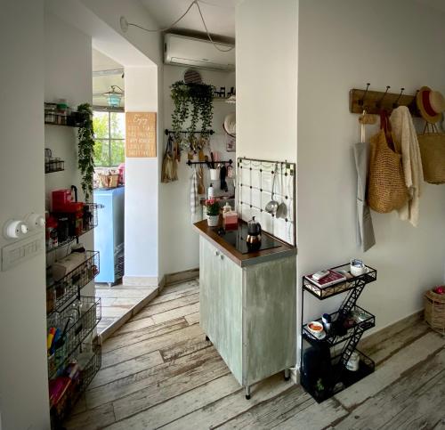 都灵Attico&Nuvole的厨房铺有木地板,配有柜台。