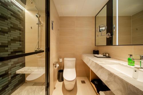 哈尔滨哈尔滨城市中心万枫酒店的浴室配有卫生间、盥洗盆和淋浴。