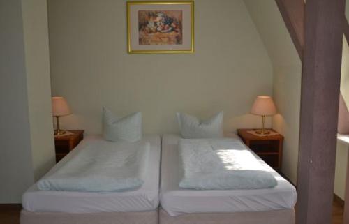 艾森贝格Waldhotel Pfarrmühle的配有2张单人床的客房,配有2盏灯