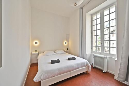 阿维尼翁Au Roi RENE - AC CLIM - WIFI的白色卧室配有一张大白色床和两个枕头
