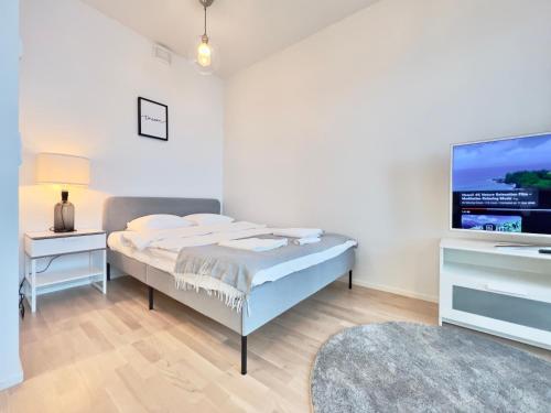 赫尔辛基Stunning Central Apartment Helsinki的一间卧室配有一张床和一台平面电视