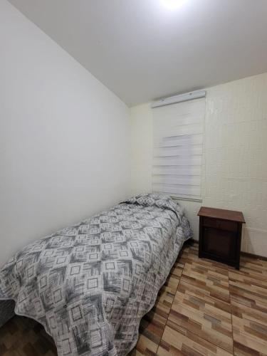 圣地亚哥Hostal Pura Vida的一间卧室配有一张床和一张桌子