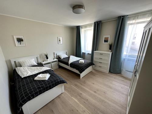 Deluxe Double Rooms Helfant Luxembourg的一间卧室设有两张床和窗户。
